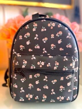 Black Mini Floral Backpack Bag with Pink Blossom Print NEW
